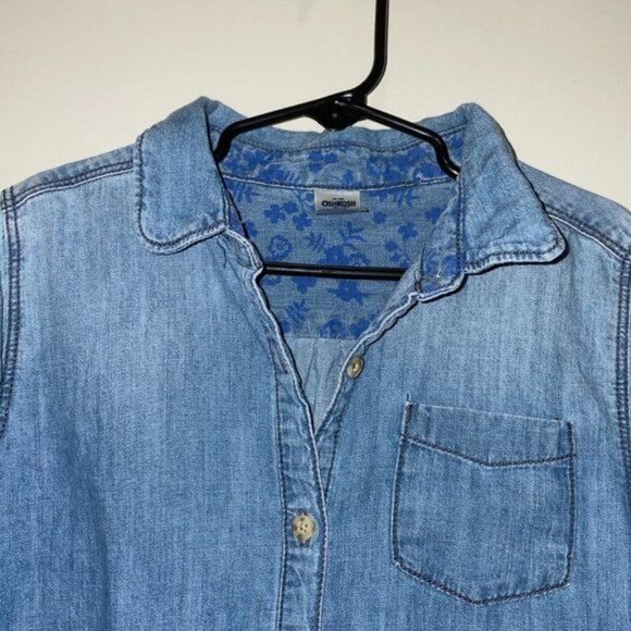 Oshkosh Bgosh Girls Denim Shirt Dress Size 10 Floral Inner Lining & Button Cuffs - Picture 3 of 6